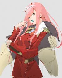 Rule 34 | 10s, 1girl, aqua eyes, breasts, candy, cowboy shot, darling in the franxx, eyeshadow, food, green eyes, hairband, highres, holding, holding candy, holding food, holding lollipop, holding own arm, horns, jacket, jacket on shoulders, licking, lollipop, looking at viewer, makeup, medium breasts, military, military jacket, military uniform, oni horns, orange neckwear, pink hair, red horns, so-bin, solo, straight hair, uniform, white hairband, zero two (darling in the franxx)