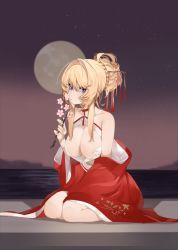 Rule 34 | 1girl, azur lane, bare shoulders, blonde hair, braid, breasts, chinese clothes, choker, cleavage cutout, clothing cutout, crown braid, dress, flower, from side, full body, full moon, glorious (azur lane), glorious (pungent plum) (azur lane), hair ornament, hair stick, highres, kanzashi, large breasts, long hair, looking at viewer, moon, neckwear request, official alternate costume, open clothes, open dress, purple eyes, red choker, red dress, sitting, solo, uyuyuun, wariza, water, white flower, wide sleeves