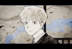 Rule 34 | 1boy, abstract background, blonde hair, chromatic aberration, closed mouth, highres, leaf, looking at viewer, looking to the side, mob psycho 100, mong 120, monochrome, portrait, railing, reigen arataka, short hair, solo, spot color, wind, wing collar