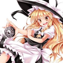 Rule 34 | 1girl, apron, bare legs, black hat, black skirt, blonde hair, bow, buttons, chikuwa savy, frilled skirt, frills, hair bow, hat, hat bow, holding, kirisame marisa, long hair, mini-hakkero, open mouth, puffy short sleeves, puffy sleeves, short sleeves, simple background, skirt, skirt set, smile, solo, teeth, touhou, vest, waist apron, white background, white footwear, witch hat, yellow eyes