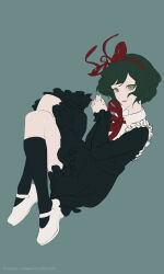 Rule 34 | 1girl, absurdres, black dress, black footwear, black socks, bow, child, closed mouth, collared dress, danganronpa (series), danganronpa another episode: ultra despair girls, dress, eyebrows, eyelashes, frilled dress, frills, full body, green background, green eyes, green hair, hair bow, hair ribbon, hairband, headband, highres, knees, knees up, long sleeves, looking at viewer, mary janes, matching hair/eyes, nose, own hands clasped, pale skin, pink lips, red bow, red hairband, red headband, red headwear, red ribbon, ribbon, shoes, signature, simple background, socks, thighs, towa monaca, watermark, white footwear, yuegaoma