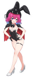 Rule 34 | 1girl, :d, absurdres, animal ears, animal hat, aningay, black cape, black gloves, black hair, black leotard, blue hair, breasts, cabbie hat, cape, copyright request, fake animal ears, gloves, gradient hair, hands on own hips, hat, high heels, highres, leotard, looking at viewer, multicolored hair, open mouth, playboy bunny, purple eyes, purple hair, rabbit ears, rabbit hat, shoes, simple background, small breasts, smile, solo, strapless, strapless leotard, white background, white footwear, wrist cuffs