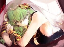 Rule 34 | 1girl, agulo, breasts, cleavage, commentary request, green hair, hair ornament, hair over one eye, highres, hornet (rance), large breasts, looking at viewer, lying, on stomach, one eye covered, rance (series), rance 10, sideboob, solo