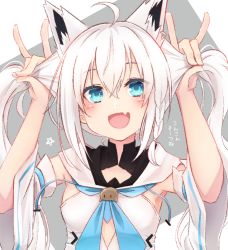 Rule 34 | 1girl, :d, ahoge, animal ear fluff, animal ears, arms up, blue eyes, blue neckwear, blush, braid, bunching hair, commentary request, detached sleeves, double fox shadow puppet, ear piercing, fang, fox ears, fox shadow puppet, grey background, hair between eyes, hololive, hot kakigoori, long hair, long sleeves, looking at viewer, open mouth, piercing, shirakami fubuki, shirakami fubuki (1st costume), skin fang, smile, solo, translation request, twintails, two-tone background, upper body, virtual youtuber, white background, white hair, white sleeves, wide sleeves