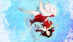 Rule 34 | 1girl, arm garter, ascot, bare shoulders, black eyes, black hair, bow, cherry blossoms, detached sleeves, full body, hair bow, hair tubes, hakurei reimu, highres, kirisame marisa, long sleeves, lying, lying on water, messy hair, ofuda, partially submerged, red bow, red shirt, red skirt, reflection, sarashi, shirt, skirt, skirt set, sleeveless, sleeveless shirt, solo, tk31, touhou, upside-down, water, wide sleeves