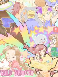 Rule 34 | !, 3girls, 4boys, aerith gainsborough, animal, armor, armpits, arms up, balloon, barret wallace, bird, black facial hair, black gloves, black hair, black skirt, blonde hair, blue eyes, blue jacket, blue sweater, blush stickers, bob cut, brown eyes, brown gloves, brown hair, brown headband, cait sith (ff7), cape, cat, chest strap, chibi, chocobo, cid highwind, claws, closed eyes, cloud strife, copyright name, crop top, cropped jacket, crossed arms, crown, dark skin, dress, elbow gloves, english text, expressionless, facing away, fangs, final fantasy, final fantasy vii, fingerless gloves, fireworks, fishnets, flame-tipped tail, ghost, gloves, green headband, green jacket, green sweater, hair ribbon, hand up, hands up, happy, headband, high collar, holding, holding animal, jacket, jewelry, leather belt, long hair, low-tied long hair, mican, midriff, moogle, multiple boys, multiple girls, navel, necklace, night, no eyes, open clothes, open jacket, open mouth, pauldrons, pink dress, pink ribbon, pointing, ponytail, purple gloves, rainbow, red cape, red hair, red headband, red jacket, red nose, red xiii, ribbon, riding, riding animal, scared, shirt, short hair, shoulder armor, single pauldron, skirt, sleeveless, sleeveless sweater, sleeveless turtleneck, smile, solid circle eyes, sparkle, spiked hair, star (symbol), suspenders, sweatdrop, sweater, tegaki, tifa lockhart, tongue, tongue out, turtleneck, turtleneck sweater, very short hair, vincent valentine, white shirt, yellow eyes, yuffie kisaragi