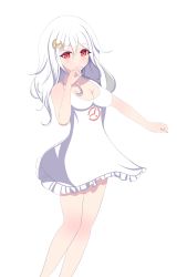 Rule 34 | 1girl, blush, breasts, corsace, covered mouth, dress, eyebrows hidden by hair, hair ornament, hairpin, highres, large breasts, logo, nail polish, original, red eyes, red nails, transparent background, white dress, white hair