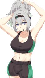 Rule 34 | 1girl, absurdres, alternate costume, alternate hairstyle, armpits, arms up, bare arms, bare shoulders, black hairband, black shorts, breasts, cleavage, commentary, cowboy shot, crop top, firefly (honkai: star rail), grey hair, hair tie in mouth, hairband, head tilt, highres, honkai: star rail, honkai (series), kagurachi, large breasts, long hair, looking at viewer, midriff, mouth hold, navel, ponytail, purple eyes, short shorts, shorts, simple background, solo, sports bra, standing, stomach, teeth hold, white background