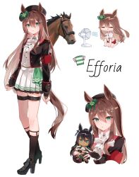 Rule 34 | 1girl, = =, animal ears, armband, brown hair, character doll, commentary, efforia (racehorse), full body, green eyes, hair between eyes, hair ornament, hairclip, highres, horse, horse ears, horse girl, horse tail, looking at viewer, original, shoes, solo, symboli kris s (umamusume), tail, toriumi (trmx x), umamusume, white background