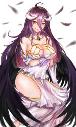 Rule 34 | 1girl, absurdres, ahoge, albedo (overlord), bare hips, bare shoulders, black hair, black wings, blush, breasts, cleavage, demon girl, detached collar, dress, feathers, female focus, gloves, highres, hip vent, horns, large breasts, long hair, looking at viewer, low wings, overlord (maruyama), simple background, smile, solo, very long hair, white background, white gloves, wings, yellow eyes, ytoy
