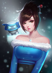 Rule 34 | &gt; &lt;, arms at sides, bare shoulders, beads, blizzard (company), blue dress, breasts, brown eyes, brown hair, closed eyes, collarbone, corset, dress, drone, eyelashes, eyeshadow, floating, fur-trimmed dress, fur trim, gem, hair bun, hair ornament, hair stick, head tilt, highres, jewelry, lipstick, long sleeves, looking at viewer, machinery, makeup, mascara, medium breasts, mei (overwatch), necklace, no eyewear, nose, overwatch, overwatch 1, parted lips, pink lips, robot, short hair, single hair bun, smile, snowball (overwatch), snowflake hair ornament, snowflakes, snowing, solo, strapless, strapless dress, swept bangs, teeth, upper body