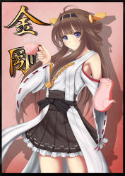 Rule 34 | 10s, 1girl, absurdres, ahoge, aoidls2, bare shoulders, brown hair, character name, cup, detached sleeves, double bun, hair ornament, hairband, headgear, highres, japanese clothes, kantai collection, kongou (kancolle), long hair, nontraditional miko, open mouth, personification, purple eyes, smile, solo, tea set, teacup, teapot, translation request