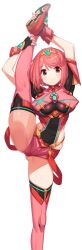 Rule 34 | 1girl, black gloves, breasts, chest jewel, earrings, fingerless gloves, gloves, green322, highres, jewelry, large breasts, pyra (xenoblade), red eyes, red footwear, red hair, red shorts, red thighhighs, short hair, short shorts, shorts, simple background, solo, split, standing, standing on one leg, standing split, swept bangs, thighhighs, tiara, white background, xenoblade chronicles (series), xenoblade chronicles 2