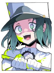 Rule 34 | 1girl, @ @, absurdres, blood, blood splatter, blood stain, commentary request, crazy, crazy eyes, crazy smile, empty eyes, female focus, green eyes, hat, highres, himiya jouzu, looking at viewer, milgram, momose amane, open mouth, smile, solo