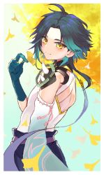 Rule 34 | 1boy, ahoge, armor, asymmetrical clothes, black hair, blush, closed mouth, commentary request, detached sleeves, from side, genshin impact, ginkgo leaf, gloves, gradient hair, green gloves, green hair, highres, holding, holding leaf, leaf, male focus, multicolored hair, parted bangs, short hair with long locks, shoulder armor, shoulder pads, shoulder spikes, single detached sleeve, smile, solo, spikes, xiao (genshin impact), yellow eyes, yuno setouchi