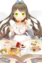 Rule 34 | anmi, bell, book, brown hair, cake, card, cookie, dress, eating, food, fork, frills, glowing, glowing eyes, green eyes, grin, hair ribbon, holding, jewelry, long hair, lowres, necklace, open book, pastry, plate, ribbon, sitting, smile, solo, sword girls, tea, tongue, very long hair, wavy hair, wrist cuffs