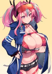 Rule 34 | 1girl, azur lane, belt, bikini, bikini under clothes, black choker, black shorts, blue jacket, breasts, bremerton (azur lane), brll, choker, cleavage, commentary request, eyewear on head, front-tie top, gradient background, hair between eyes, hand on own hip, highleg, highleg bikini, highres, jacket, large breasts, long hair, long sleeves, multicolored hair, navel, navel piercing, open clothes, open jacket, piercing, pink bikini, pink eyes, pink hair, short shorts, shorts, sidelocks, solo, streaked hair, sunglasses, sunglasses on head, swimsuit, twintails