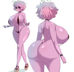 Rule 34 | 1girl, ashido mina, ass, black sclera, boku no hero academia, breasts, butt crack, colored sclera, colored skin, fladdykin, heart, highres, horns, huge ass, huge breasts, looking at viewer, navel, pink hair, pink skin, short hair, slingshot swimsuit, smile, solo, stomach, swimsuit, thick thighs, thighs, white background, wide hips, yellow eyes