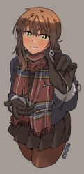 Rule 34 | 1girl, black pantyhose, black skirt, blush, brown hair, character name, commentary request, cropped legs, earbuds, earphones, ergot, fubuki (kancolle), fur-trimmed sleeves, fur trim, gloves, green eyes, grey background, highres, holding, holding earphones, jacket, kantai collection, long hair, long sleeves, looking at viewer, pantyhose, plaid, plaid scarf, pleated skirt, scarf, sidelocks, simple background, single earphone removed, skirt, smile, solo