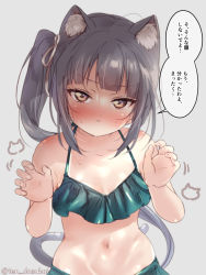 Rule 34 | 1girl, animal ears, bare arms, bare shoulders, bikini, blush, brown eyes, cat ears, cat tail, closed mouth, green bikini, grey background, grey hair, juurouta, kantai collection, kasumi (kancolle), long hair, motion lines, navel, simple background, solo, speech bubble, swimsuit, tail, translation request, twitter username, upper body