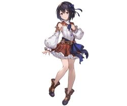 Rule 34 | 1girl, arm warmers, belt, black hair, boots, bow, bowtie, clenched hand, detached sleeves, flat chest, frilled skirt, frills, full body, gem, granblue fantasy, hair bow, jewelry, looking at viewer, minaba hideo, necklace, official art, purple eyes, salria, short hair, skirt, sleeveless, smile, solo, standing, transparent background, turtleneck