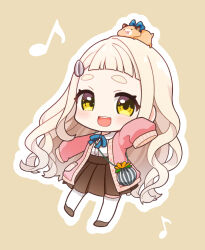 1girl animal animal_on_head bag blonde_hair blue_ribbon blush brown_footwear brown_skirt cardigan chibi full_body gonzalez_(machita_chima) hamster hand_up highres long_hair machita_chima machita_chima_(1st_costume) nagushio nijisanji on_head open_cardigan open_clothes open_mouth outline outstretched_arm pink_cardigan ribbon seed shirt shoulder_bag skirt sleeves_past_fingers sleeves_past_wrists solo sunflower_seed teeth thick_eyebrows upper_teeth_only virtual_youtuber white_outline white_shirt yellow_eyes