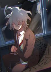 Rule 34 | 2boys, brown jacket, brown pants, closed mouth, collared shirt, commentary request, danganronpa (series), danganronpa 3 (anime), feet out of frame, formal, from above, grey hair, highres, hope&#039;s peak academy school uniform, jacket, komaeda nagito, long sleeves, male focus, medium hair, messy hair, midou (grk12138), multiple boys, necktie, open clothes, open jacket, pants, red neckwear, school uniform, shirt, sitting, solo focus, vest, white shirt