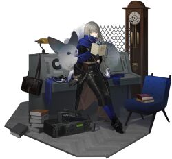 Rule 34 | 1girl, belt, bkornblume, black coat, black footwear, black gloves, black skirt, blue pantyhose, blue scarf, book, book stack, boots, brown bag, chain-link fence, chair, clock, closed mouth, coat, fence, gloves, grandfather clock, grey hair, highres, holding, holding book, lamp, long hair, looking at viewer, military uniform, official art, pantyhose, phone, radio, radio booth, reverse:1999, scarf, sitting, skirt, smile, solo, third-party source, uniform, very long hair