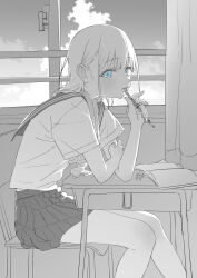 Rule 34 | 1girl, absurdres, bare legs, blue eyes, chair, classroom, desk, feet out of frame, greyscale, highres, holding, holding pencil, idolmaster, idolmaster shiny colors, looking at viewer, looking to the side, monochrome, naga-agan, on chair, pencil, pleated skirt, school chair, school desk, school uniform, serafuku, serizawa asahi, short sleeves, sitting, skirt, solo, spot color