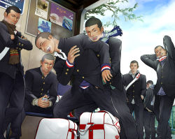 Rule 34 | 6+boys, bag, blush, breath, can, closed eyes, gakuran, grin, groping, hand in another&#039;s pocket, itto (mentaiko), male focus, multiple boys, open mouth, original, scarf, school uniform, short hair, smile, wrestling, yaoi