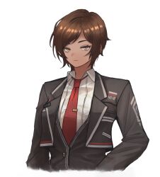 Rule 34 | 1girl, black jacket, black vest, brown eyes, brown hair, closed mouth, collared shirt, earrings, highres, jacket, jewelry, kazu1010, limbus company, long sleeves, looking at viewer, necktie, outis (project moon), project moon, red necktie, shirt, short hair, simple background, solo, tie clip, upper body, vest, white background, white shirt, wing collar