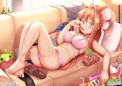 Rule 34 | arm at side, ass, aster-effect, bag, barefoot, blush, bow, bra, breasts, brown hair, can, candy, cellphone, chips (food), chocolate, chocolate bar, chocolate chip cookie, cookie, couch, doki doki literature club, doritos, drink can, eating, eyebrows hidden by hair, eyelashes, feet, food, food in mouth, green eyes, gummy bear, hair between eyes, hair bow, indoors, juice, juice box, lamp, large breasts, legs, legs up, light rays, long hair, looking at viewer, looking to the side, lying, monika (doki doki literature club), navel, no shirt, on back, on couch, outstretched arm, panties, phone, pillow, pink bag, pink bra, pink panties, pocky, ponytail, sidelocks, soda, soda bottle, soda can, solo, stomach, striped, stuffed animal, stuffed bird, stuffed toy, thighs, toe nails, underwear, underwear only, unworn shirt, unworn socks, very long hair, white bag, white bow, white headwear, window blinds