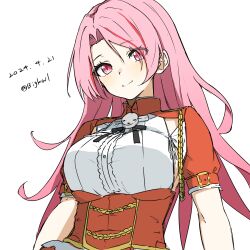 Rule 34 | 1girl, absurdres, bigkwl, breasts, dated, highres, kantai collection, large breasts, long hair, looking at viewer, luigi di savoia duca degli abruzzi (kancolle), military uniform, multicolored hair, one-hour drawing challenge, pink hair, red eyes, red hair, red shirt, shirt, simple background, smile, solo, streaked hair, twitter username, uniform, white background