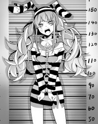 Rule 34 | 1girl, absurdres, anger vein, angry, animal ears, chain, clenched hands, cuffs, eyebrows hidden by hair, greyscale, handcuffs, head tilt, highres, hololive, longlong (drasdr7513), looking at viewer, monochrome, mugshot, no pants, open mouth, prison clothes, rabbit ears, rabbit girl, shirt, solo, striped clothes, striped headwear, striped shirt, textless version, twintails, usada pekora, usada pekora (prisoner), virtual youtuber