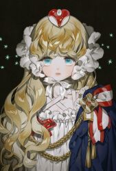 Rule 34 | 1girl, aiguillette, black background, blonde hair, blue eyes, bow, brooch, cape, chin strap, cross-laced clothes, expressionless, frills, gem, headgear, highres, jewelry, long hair, original, pearl (gemstone), ribbon, solo, sottan (wowo0owow), star (symbol), straight-on, upper body, wavy hair