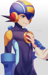 Rule 34 | 2boys, absurdres, arm at side, artist name, black hair, blue headwear, blush, bodysuit, commentary, covered collarbone, dated, fingernails, green eyes, grey background, hand on another&#039;s arm, hand on another&#039;s chest, helmet, highres, lan hikari (mega man), looking at another, looking to the side, male focus, mega man (series), mega man battle network, mega man battle network (series), megaman.exe, multiple boys, netnavi, purple bodysuit, short hair, simple background, smile, solo focus, standing, twitter username, zero-go
