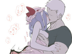 Rule 34 | 1boy, 1girl, asutora, bare shoulders, bat wings, blue hair, blush, breasts, french kiss, hat, hetero, kiss, manly, mob cap, nipples, remilia scarlet, short hair, simple background, small breasts, solo focus, tongue, touhou, white background, white hair, white headwear, wings