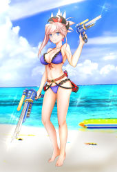 Rule 34 | 1girl, adapted costume, armpits, bare arms, bare legs, bare shoulders, barefoot, bikini, blue bikini, blue eyes, blue sky, breasts, censored, cloud, collarbone, day, dual wielding, earrings, fate/grand order, fate (series), frilled bikini, frills, front-tie bikini top, front-tie top, full body, groin, gun, hair ornament, halterneck, halterneck, highres, holding, holding gun, holding weapon, jewelry, large breasts, looking at viewer, miyamoto musashi (fate), mosaic censoring, nagishy, navel, outdoors, parted lips, pink hair, ponytail, sky, smile, solo, standing, stomach, swimsuit, water gun, weapon