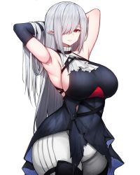Rule 34 | 1girl, absurdres, arknights, arms behind head, ascot, bare shoulders, breasts, commentary, elbow gloves, gladiia (arknights), gloves, grey hair, hair over one eye, highres, large breasts, long hair, no headwear, one eye covered, pointy ears, red eyes, rikuguma, sideboob, simple background, single elbow glove, sleeveless, solo, white ascot, white background
