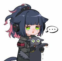 Rule 34 | ..., 1girl, animal, animal ears, arknights, black gloves, black jacket, blue hair, cat, cat ears, cat girl, cat tail, chibi, collar, commentary, crying, crying with eyes open, gloves, green eyes, headphones, holding, holding animal, holding cat, implied extra ears, jacket, jessica (arknights), long hair, open mouth, pink hair, ponytail, simple background, solo, spacelongcat, spoken ellipsis, tail, tears, upper body, white background