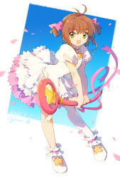 Rule 34 | 1girl, :d, ankle cuffs, antenna hair, brown hair, cardcaptor sakura, dated, dress, falling petals, frilled dress, frills, full body, green eyes, hair ribbon, highres, holding, holding wand, kinomoto sakura, open mouth, petals, pink ribbon, puffy short sleeves, puffy sleeves, ribbon, shoes, short hair, short sleeves, short twintails, shuangsen, signature, smile, solo, standing, star (symbol), twintails, two-tone background, wand, white background, white dress, white footwear