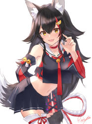 Rule 34 | 1girl, animal ear fluff, animal ears, bell, black hair, black skirt, blush, breasts, choker, commentary, cowboy shot, detached sleeves, fang, hair between eyes, hair flaps, hair ornament, highres, hololive, kouhaku nawa, leaning forward, long hair, looking at viewer, medium breasts, midriff, miniskirt, multicolored hair, navel, ookami mio, ookami mio (1st costume), open mouth, orange eyes, pleated skirt, raiya atelier, red choker, red hair, red neckwear, rope, sailor collar, shimenawa, signature, simple background, skin fang, skirt, smile, solo, streaked hair, tail, tail around own leg, thighhighs, virtual youtuber, white background, white hair, white thighhighs, wolf ears, wolf girl, wolf tail
