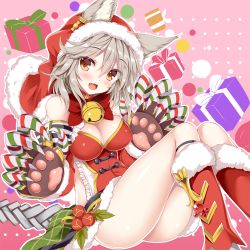Rule 34 | 10s, 1girl, :3, :d, animal ears, bell, blush, boots, box, breasts, christmas, claw (weapon), claws, cleavage, ears through headwear, erune, fang, fur trim, gift, gift box, granblue fantasy, grey hair, hair between eyes, hood, jingle bell, large breasts, looking at viewer, open mouth, red eyes, sen (granblue fantasy), skirt, smile, solo, tateha (marvelous grace), weapon