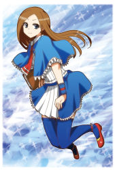Rule 34 | 1girl, :3, ascot, blue background, blue eyes, blue thighhighs, blush, book, brown hair, capelet, castlevania (series), castlevania: portrait of ruin, charlotte aulin, dress, frills, jumping, kidachi, long hair, shoes, skirt, smile, solo, thighhighs