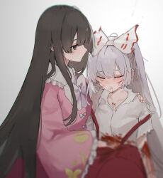 Rule 34 | 2girls, black hair, bleeding, blood, blood on arm, blood on clothes, bow, bowtie, closed eyes, commentary request, facing viewer, frilled sleeves, frills, fujiwara no mokou, grey eyes, grey hair, hair bow, hand on another&#039;s shoulder, highres, houraisan kaguya, injury, kani nyan, long hair, long sleeves, multiple girls, pants, parted lips, pink shirt, red pants, shirt, torn clothes, torn shirt, torn sleeves, touhou, very long hair, white bow, white bowtie, wide sleeves