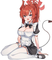 Rule 34 | 1girl, absurdres, alternate costume, apron, arm between legs, arm support, black bow, black bowtie, black footwear, blue archive, blue eyes, blush, bow, bowtie, breasts, cleavage, demon horns, demon tail, enmaided, halo, highres, horns, large breasts, looking at viewer, maid, megu (blue archive), petticoat, pointy ears, ponytail, puffy short sleeves, puffy sleeves, red eyes, short sleeves, simple background, sitting, smile, solo, tail, thighhighs, wariza, white apron, white background, white thighhighs, wrist cuffs, zettai ryouiki, ziro (zirorong)