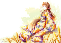 Rule 34 | 1girl, animal ears, brown hair, closed mouth, fudo shin, highres, holding, holo, japanese clothes, kimono, long hair, looking at viewer, print kimono, red eyes, signature, sitting, smile, solo, spice and wolf, tail, very long hair, white background, white kimono, wolf ears, wolf tail, yukata