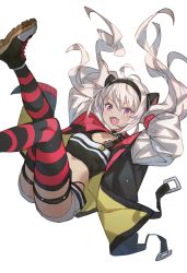 Rule 34 | 1girl, :d, animal ears, antenna hair, arms up, ass, badge, black jacket, black shirt, breasts, brown eyes, choker, commentary request, crop top, fangs, floating hair, hairband, highres, jacket, legs up, long hair, looking at viewer, makai no juumin, matsukai mao, midriff, nijisanji, open clothes, open jacket, open mouth, raglan sleeves, shirt, shoes, short shorts, shorts, silver hair, simple background, small breasts, smile, sneakers, solo, striped clothes, striped thighhighs, thigh strap, thighhighs, twintails, v-shaped eyebrows, virtual youtuber, white background, white shorts