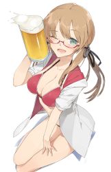 Rule 34 | 10s, 1girl, ;d, alcohol, beer, beer mug, bespectacled, bikini, blonde hair, blush, breasts, cleavage, collarbone, cup, drink, froth, glasses, green eyes, hair ribbon, halterneck, hand on leg, hand on own thigh, hayashi kewi, kantai collection, large breasts, low twintails, mug, one eye closed, open clothes, open mouth, open shirt, prinz eugen (kancolle), red-framed eyewear, red bikini, ribbon, shirt, simple background, sitting, smile, solo, swimsuit, twintails, white background, yokozuwari