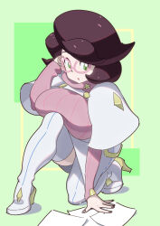 Rule 34 | 1girl, big hair, breasts, buttons, capelet, creatures (company), game freak, glasses, green eyes, high heels, highres, large breasts, legs, long sleeves, nintendo, paper, picking up, pink-framed eyewear, pink sweater, pokemon, pokemon sm, purple hair, ribbed sweater, skirt, solo, sweater, thighhighs, turtleneck, turtleneck sweater, tyoro (tyoromatsu59), white capelet, white skirt, white thighhighs, wicke (pokemon)